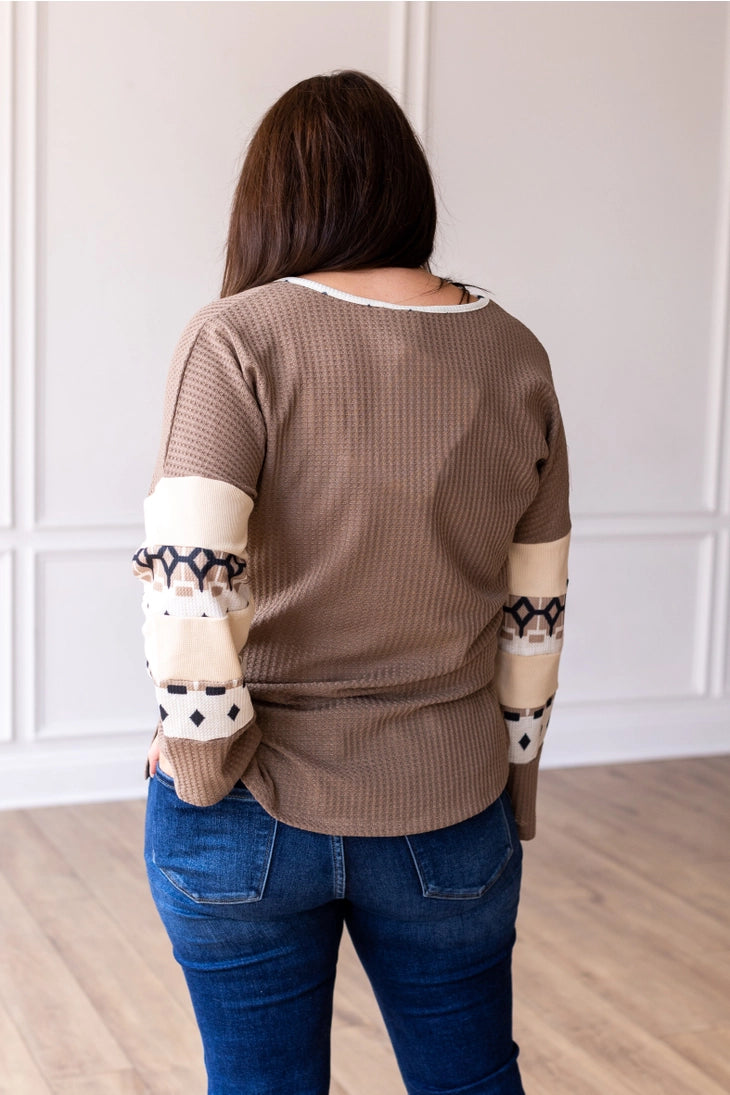 Tan Waffle Knit Top with Aztec Details