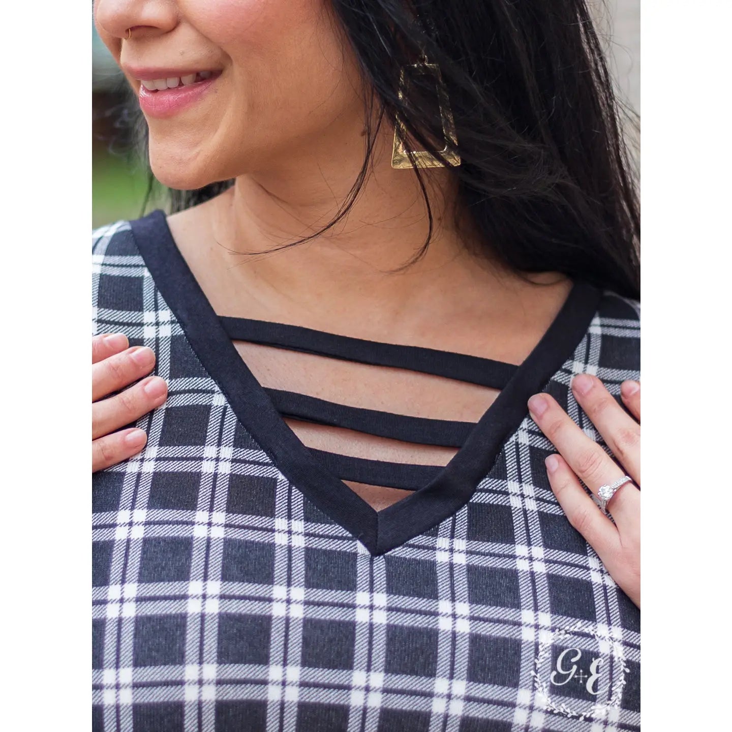 Caged V Neck Long Sleeve Black Plaid top