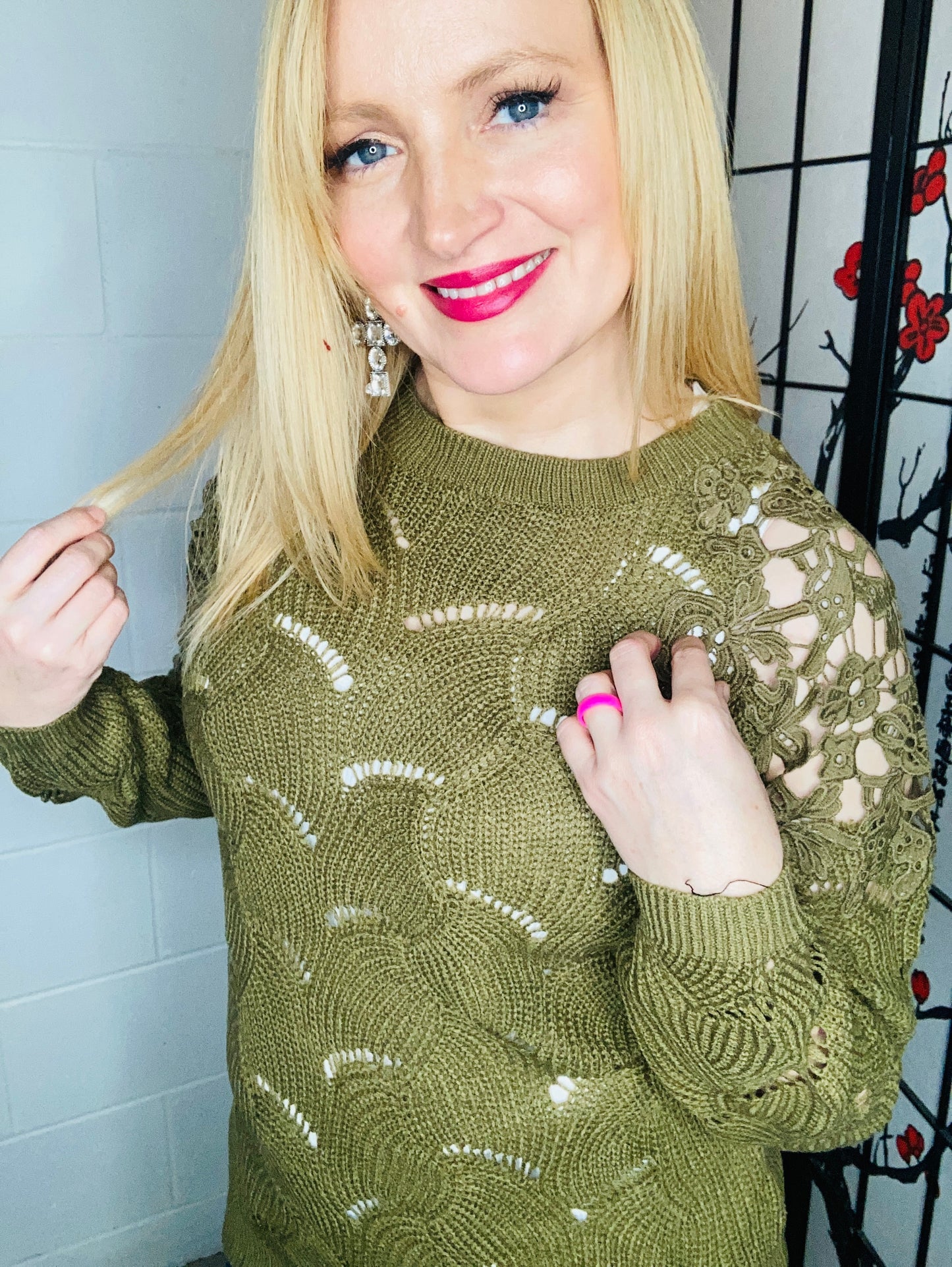 Casual chic olive pointelle lace shoulder knit sweater